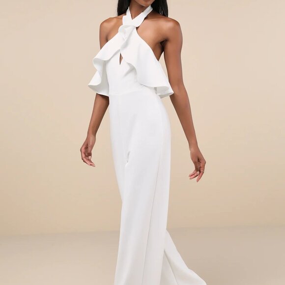 Lulu's Elegant Flair Jumpsuit White with Ruffle Women's Small Bridal Party - Picture 1 of 16